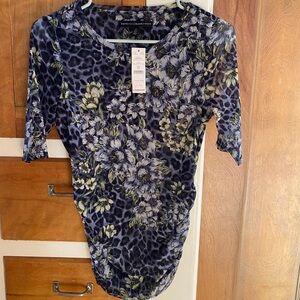 Leopard and Floral Blue White House Black Market Sheer Top